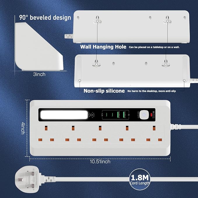 AUNNO Extension Lead with USB Ports & Night Light | 5 Way Power Strip, 2 USB-A + 2 USB-C, Surge Protected, 1.8M Cable