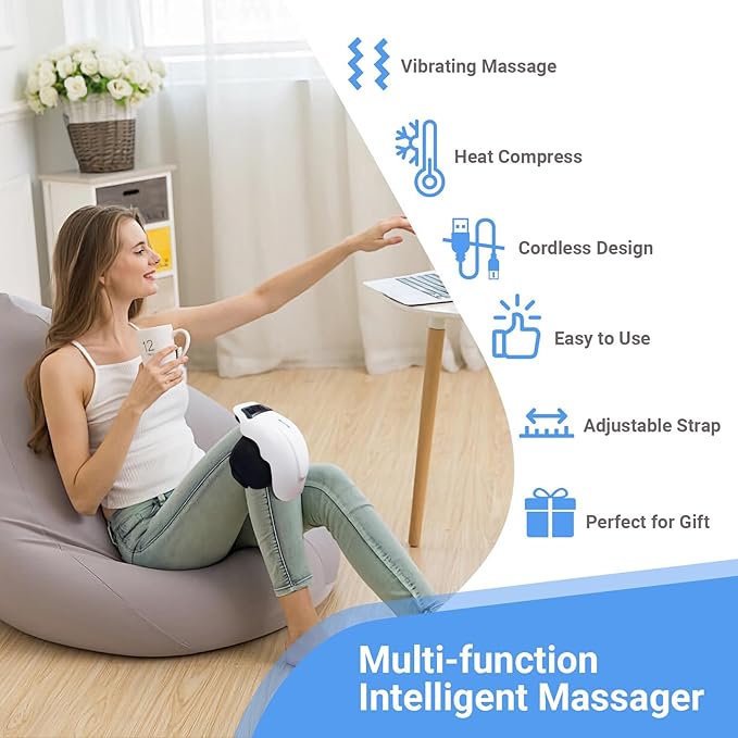 Brenzo Knee Massager with Heat & Vibration | Cordless Knee Wrap with Red Light Therapy (White)