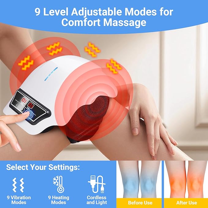 Brenzo Knee Massager with Heat & Vibration | Cordless Knee Wrap with Red Light Therapy (White)