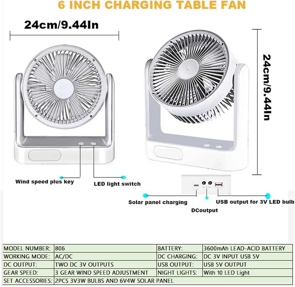 Portable Rechargeable Camping Fan with Solar Panel | Misting Fan, LED Light & Clip-On for Tent & Outdoor