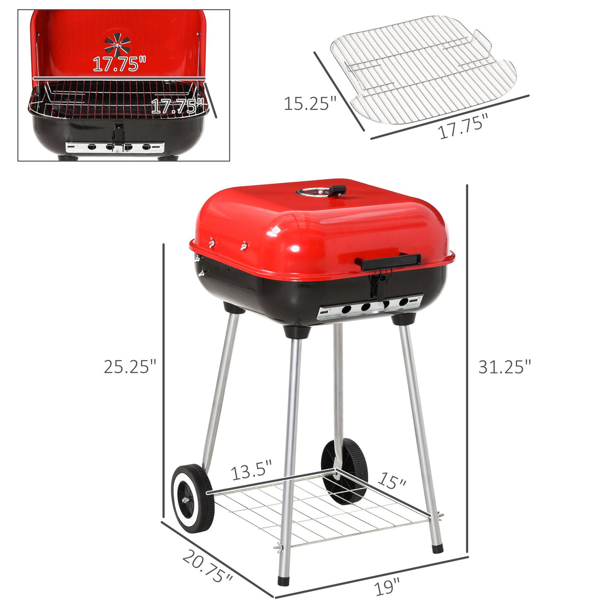Outsunny 18-Inch Portable Charcoal BBQ Grill with Wheels | Smoker for Camping, Picnic & Backyard