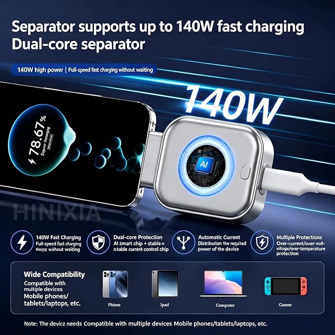 140W Smart Auto Stop USB-C Charging Adapter | Fast Charger with Overcharge Protection for Smartphones & Tablets