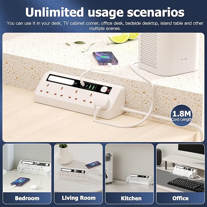 AUNNO Extension Lead with USB Ports & Night Light | 5 Way Power Strip, 2 USB-A + 2 USB-C, Surge Protected, 1.8M Cable