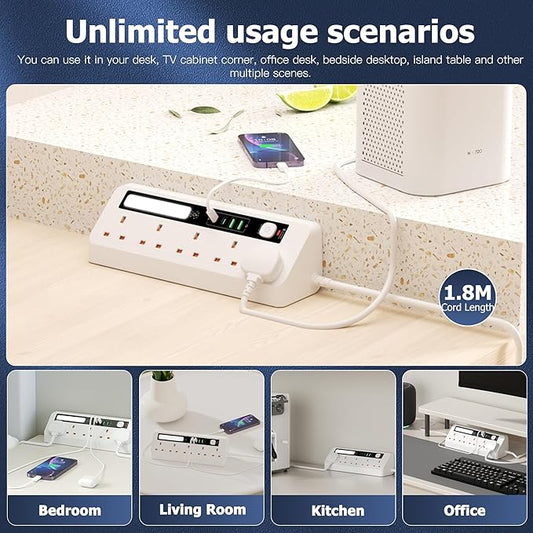 AUNNO Extension Lead with USB Ports & Night Light | 5 Way Power Strip, 2 USB-A + 2 USB-C, Surge Protected, 1.8M Cable