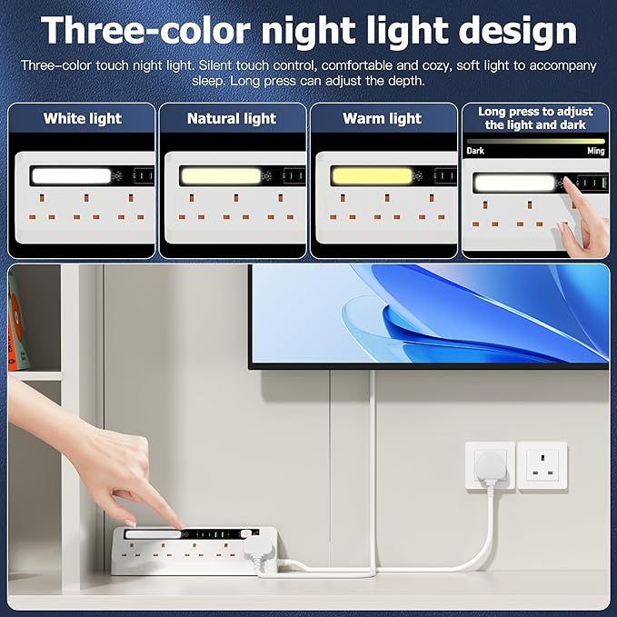 AUNNO Extension Lead with USB Ports & Night Light | 5 Way Power Strip, 2 USB-A + 2 USB-C, Surge Protected, 1.8M Cable