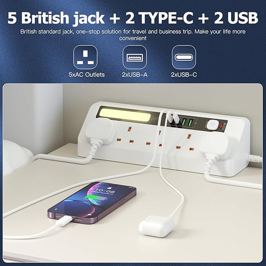 AUNNO Extension Lead with USB Ports & Night Light | 5 Way Power Strip, 2 USB-A + 2 USB-C, Surge Protected, 1.8M Cable