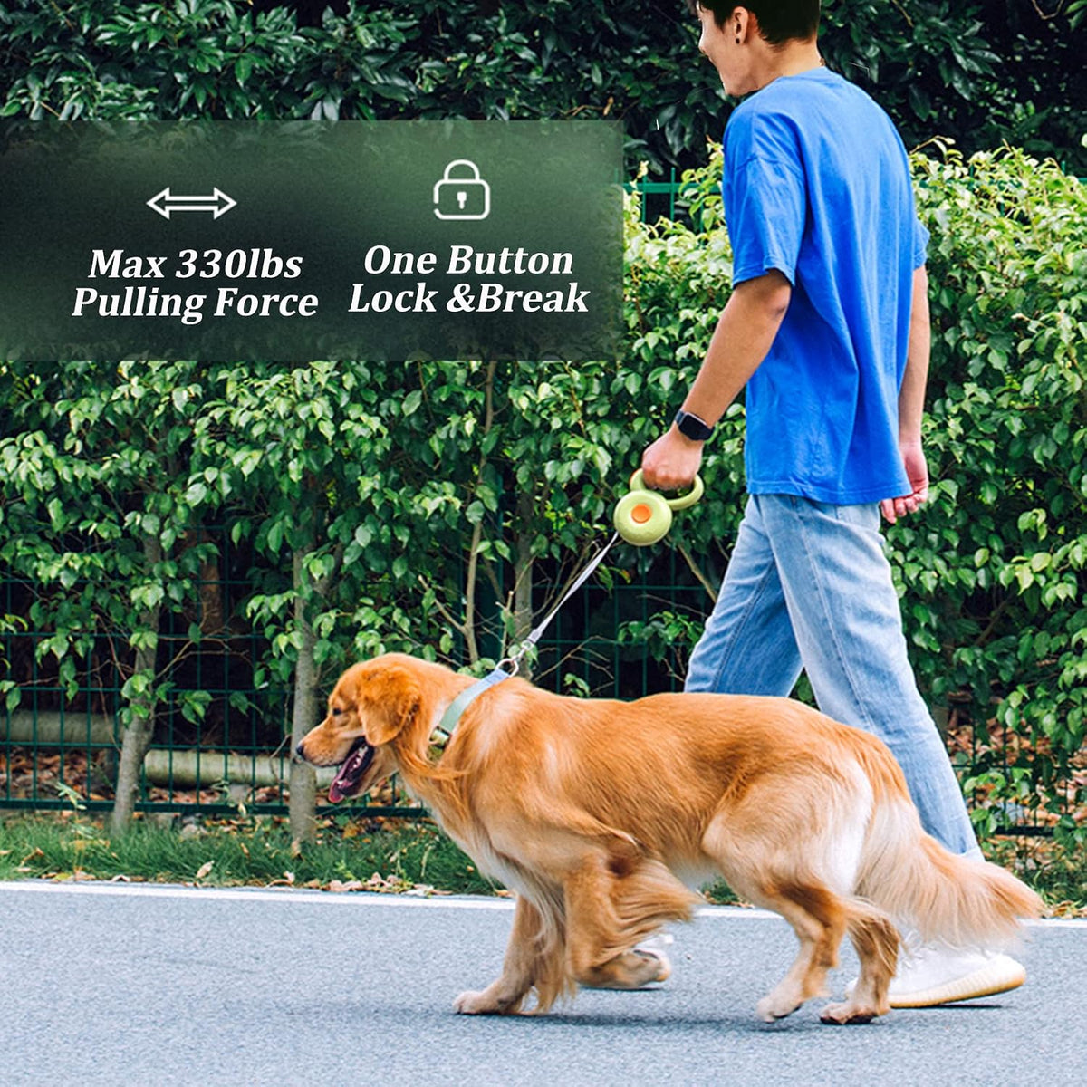 Retractable Dog Leash with One-Button Brake & Lock | 360° Tangle-Free Nylon Lead (Green)