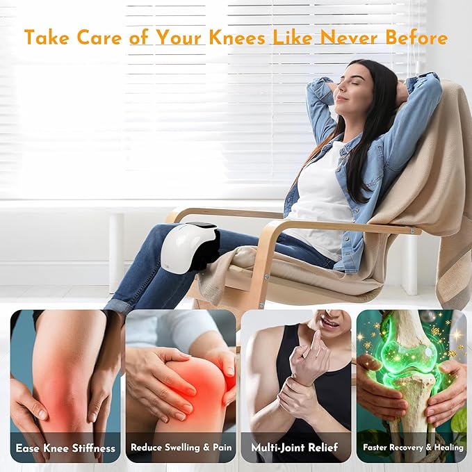 Brenzo Knee Massager with Heat & Vibration | Cordless Knee Wrap with Red Light Therapy (White)