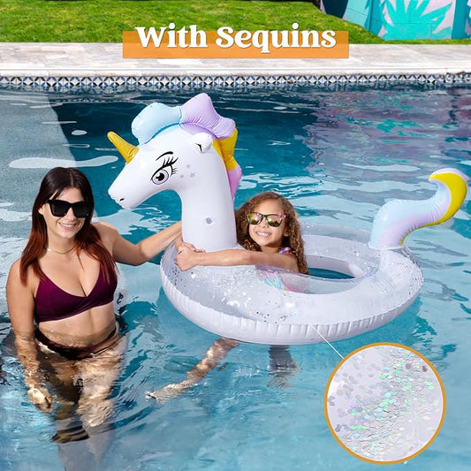 JOYIN Unicorn Inflatable Pool Float with Glitter | Swim Ring for Kids & Adults
