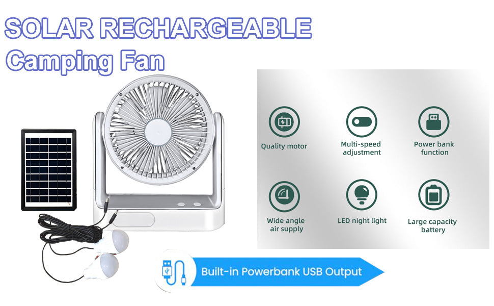 Portable Rechargeable Camping Fan with Solar Panel | Misting Fan, LED Light & Clip-On for Tent & Outdoor