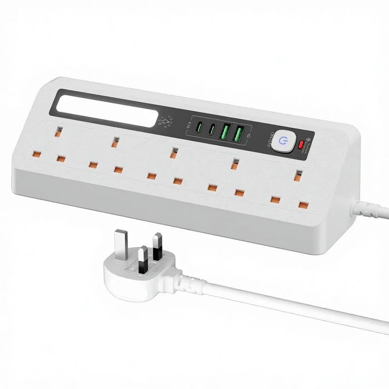 AUNNO Extension Lead with USB Ports & Night Light | 5 Way Power Strip, 2 USB-A + 2 USB-C, Surge Protected, 1.8M Cable